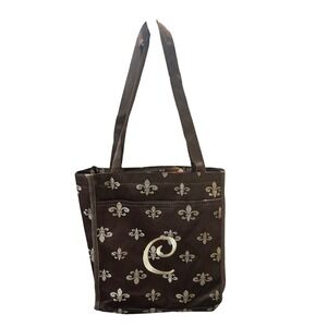 Fleur de Lis Initial C Brown Tote Bag Zipper‎ Top Travel Purse